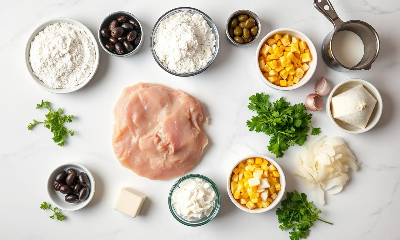 Vista de cima dos ingredientes organizados na bancada