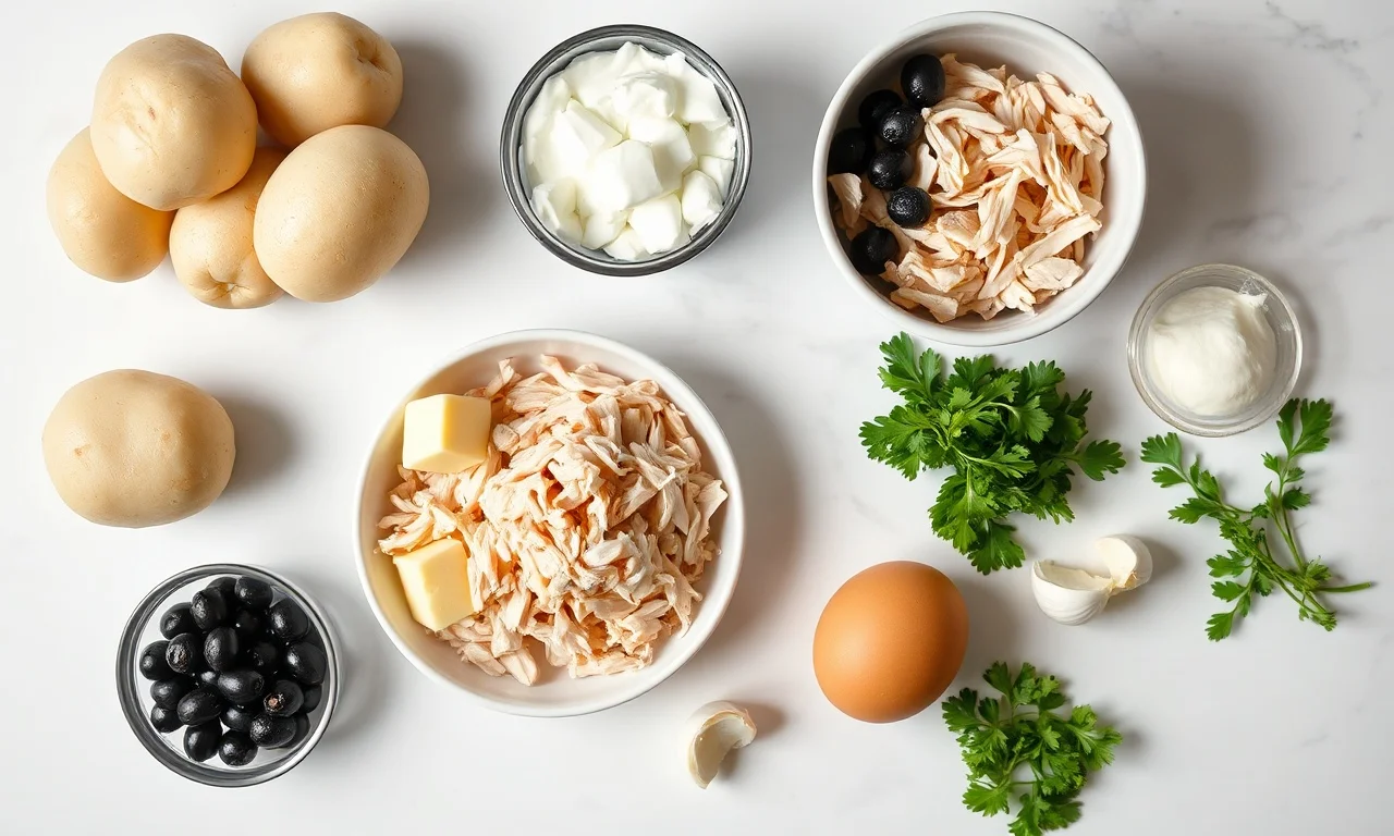 Vista de cima dos ingredientes organizados: batatas, frango, manteiga, farinha de arroz, creme de leite, azeitonas e temperos.