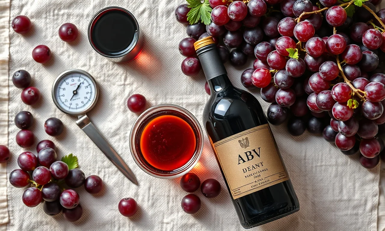 Vista de cima dos elementos que influenciam o teor alcoólico: uvas, um termômetro, um mosto (suco de uva) e um rótulo.