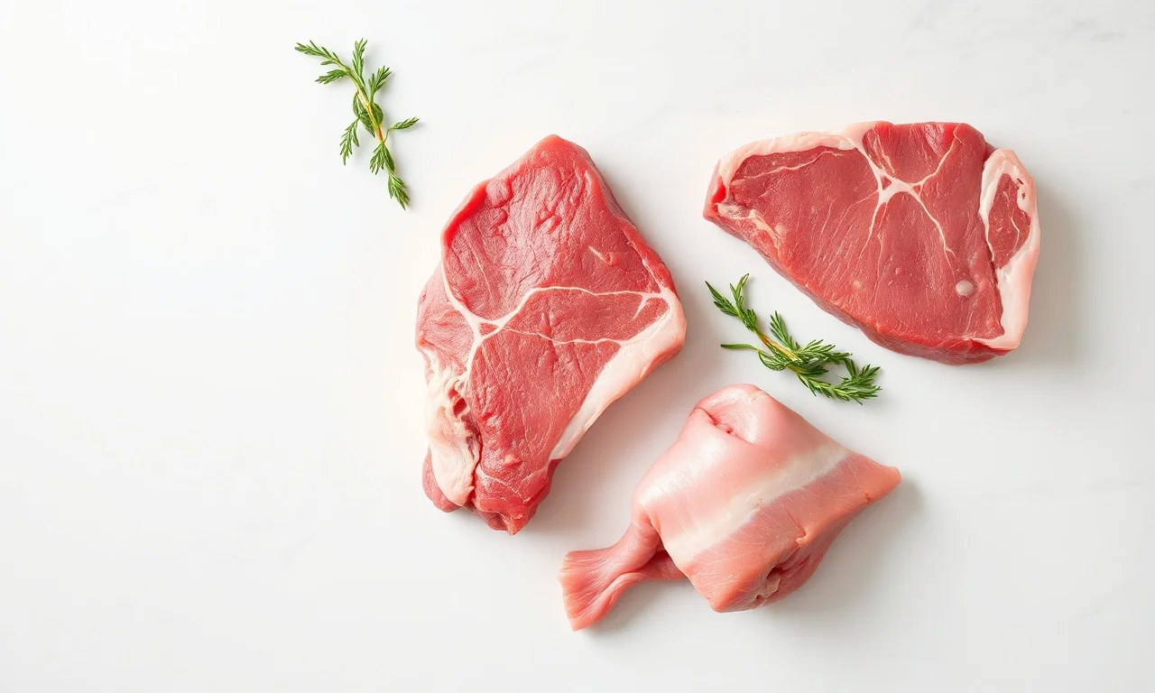 Vista de cima dos diferentes cortes de carne crus e inteiros, organizados.