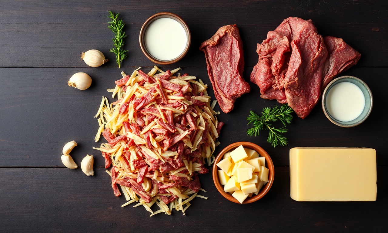 Vista de cima dos ingredientes principais organizados sobre superfície de madeira.