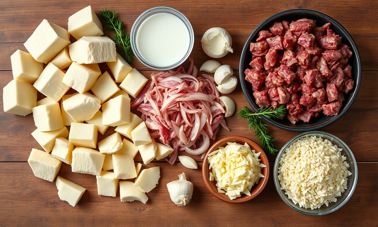 Vista de cima dos ingredientes organizados como mandioca cozida, carne seca desfiada e queijo.