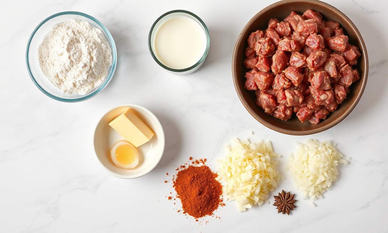 Vista de cima dos ingredientes para a massa e o recheio organizados