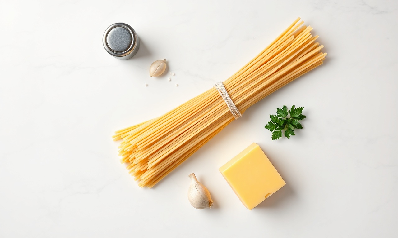 Vista de cima dos cinco ingredientes essenciais organizados sobre superfície clara.