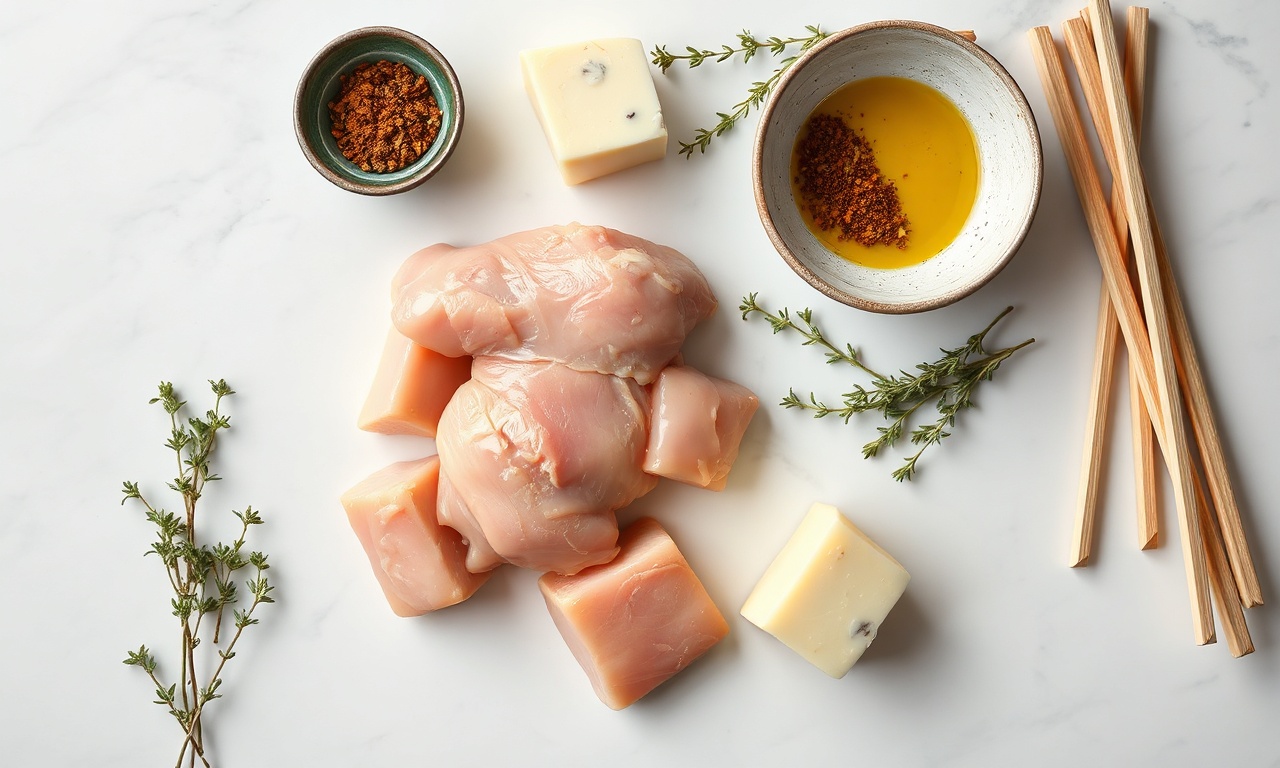Espetinho De Frango Com Queijo: 4 Versões Fáceis E Suculentas 4 Vista de cima dos ingredientes frescos organizados.