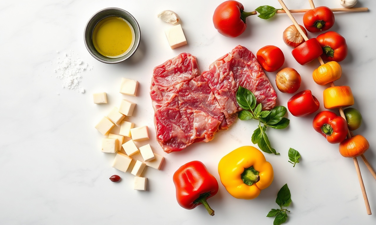 Como Vender Espetinhos Gourmet: Lucro Alto E Receita 4 Vista de cima dos ingredientes frescos e organizados.