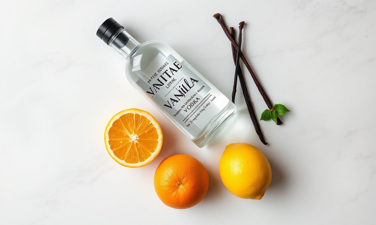 Vista de cima com os quatro ingredientes organizados: álcool, vagens de baunilha, laranja e limão.