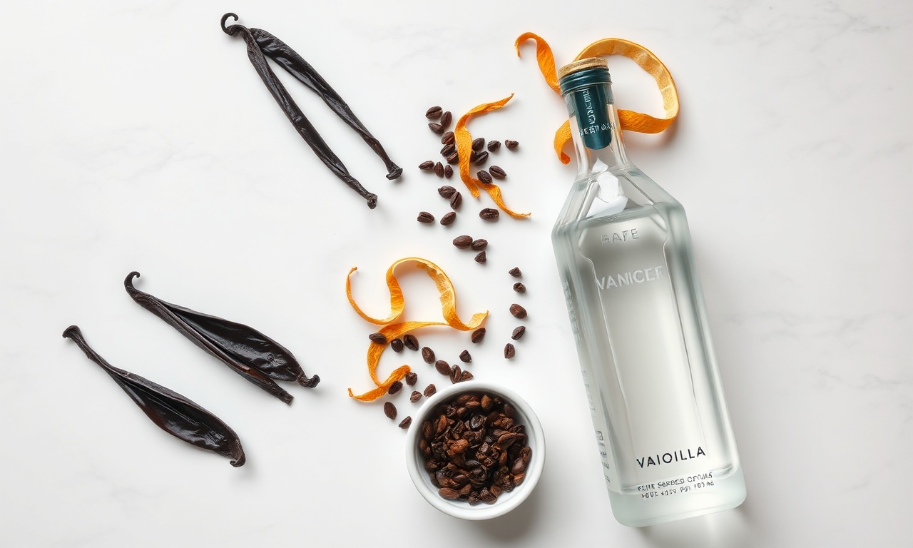 Vista de cima dos ingredientes brutos: vagens de baunilha, cascas de laranja secas, grãos de café e garrafa de vodka.