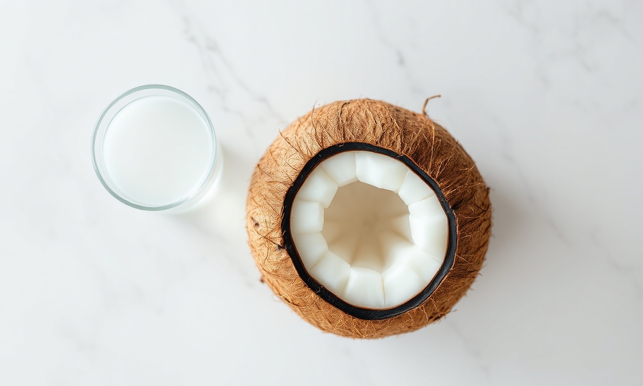 Farinha De Coco Caseira Em 45 Min: Simples E Econômica 4 Um coco maduro fresco inteiro e sua água em um copo.