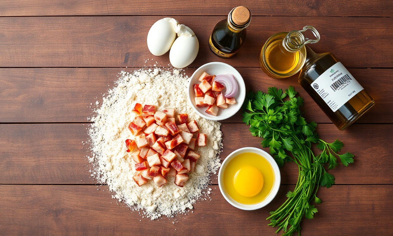 Vista de cima dos ingredientes organizados sobre uma superfície de madeira.