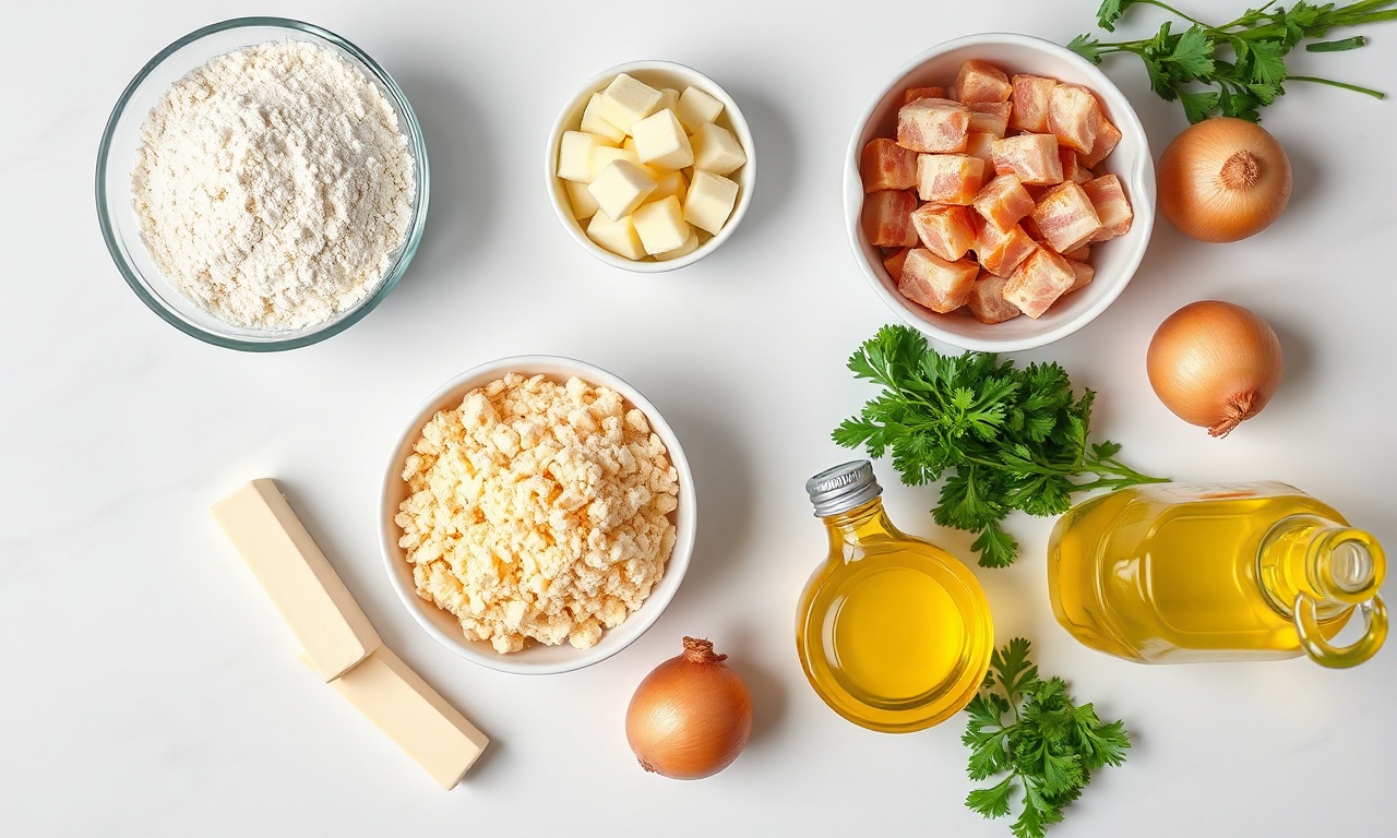 Farofa Crocante Perfeita Para Carne Assada Em 30 Min 4 Vista de cima dos ingredientes organizados: farinhas, bacon, cebola, manteiga e cheiro-verde.