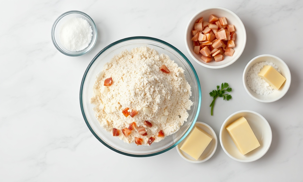 Vista de cima dos ingredientes organizados em recipientes