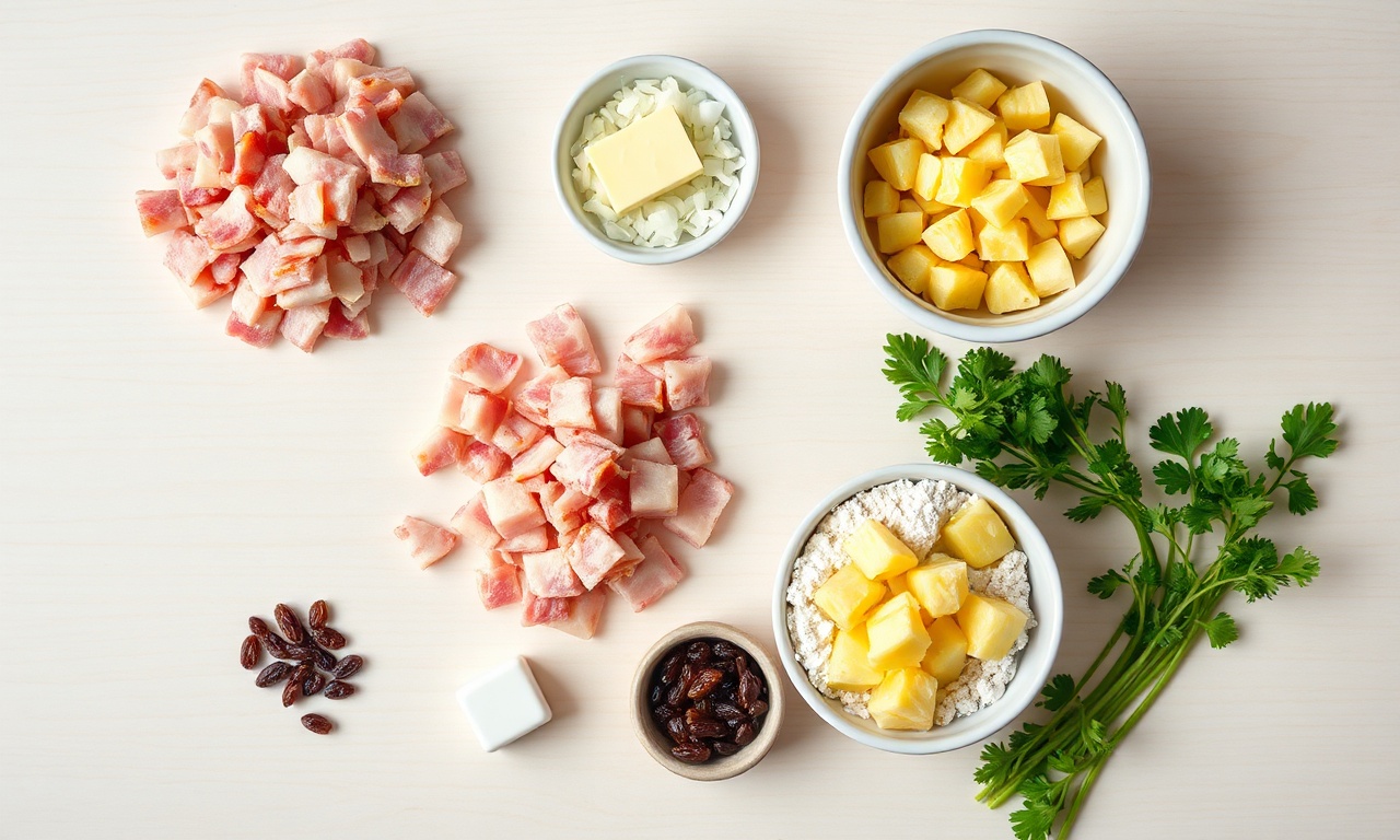 Vista de cima dos ingredientes organizados sobre uma superfície de madeira.