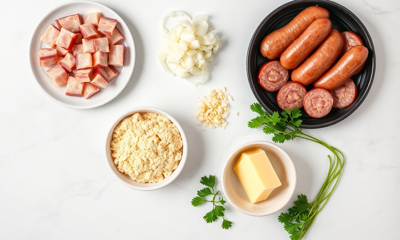 Vista de cima dos ingredientes crus e organizados.