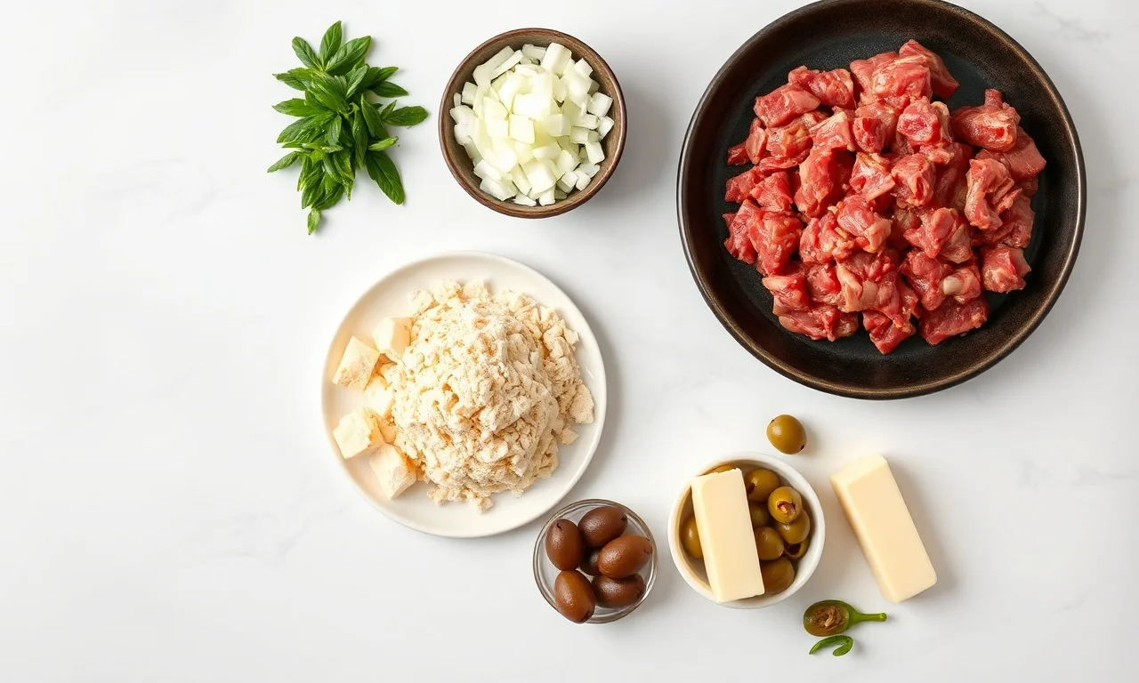 Farofa De Carne Moída Fofa E Solta Em 25 Min (7 Ingredientes) 4 Vista de cima dos ingredientes organizados na bancada.