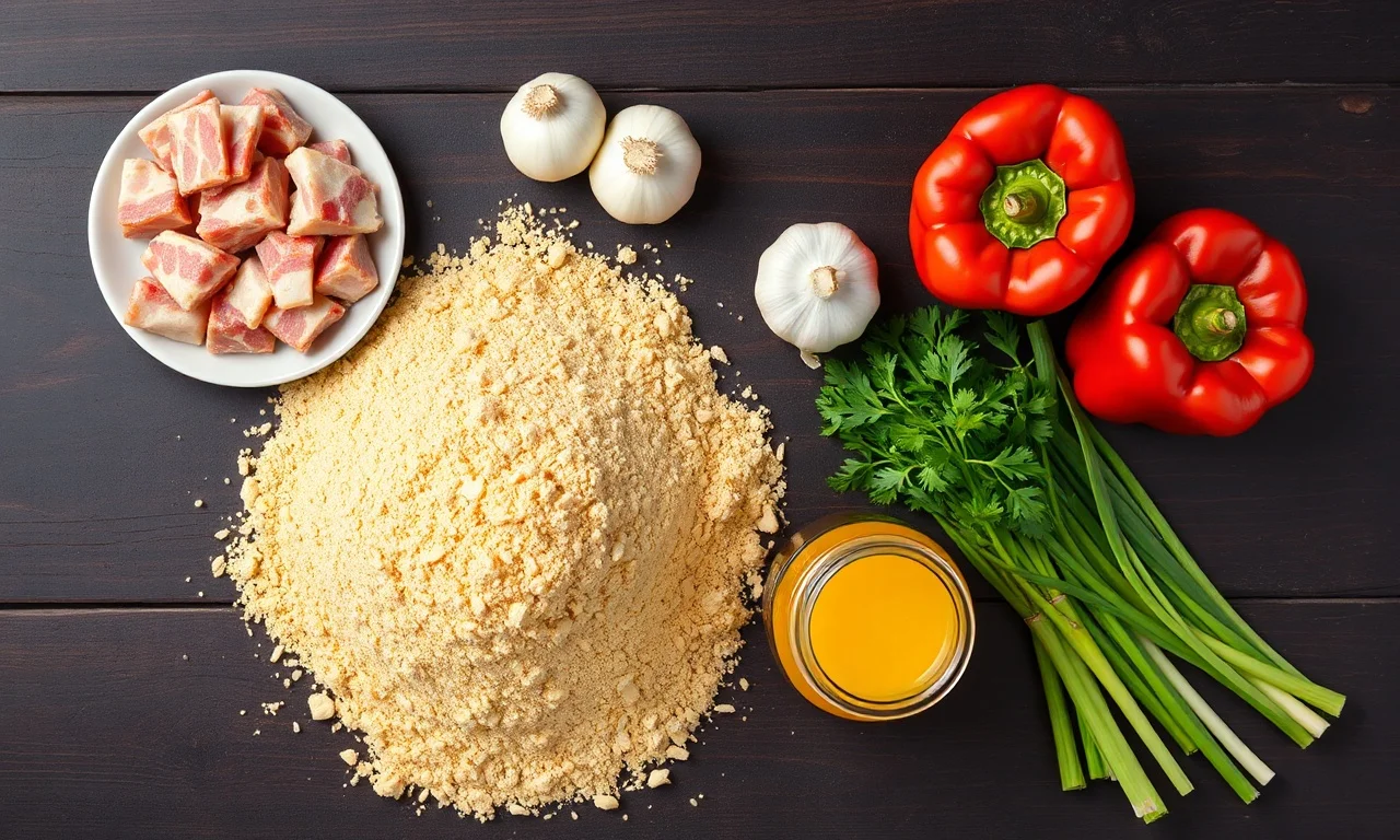 Vista de cima dos ingredientes principais organizados sobre superfície de madeira.