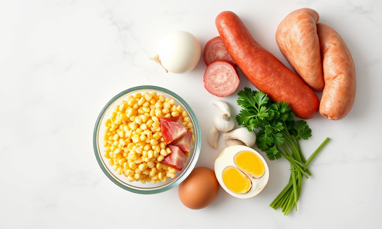 Vista de cima dos ingredientes organizados: flocão de milho, bacon, calabresa, ovos, cebola, alho e salsinha.