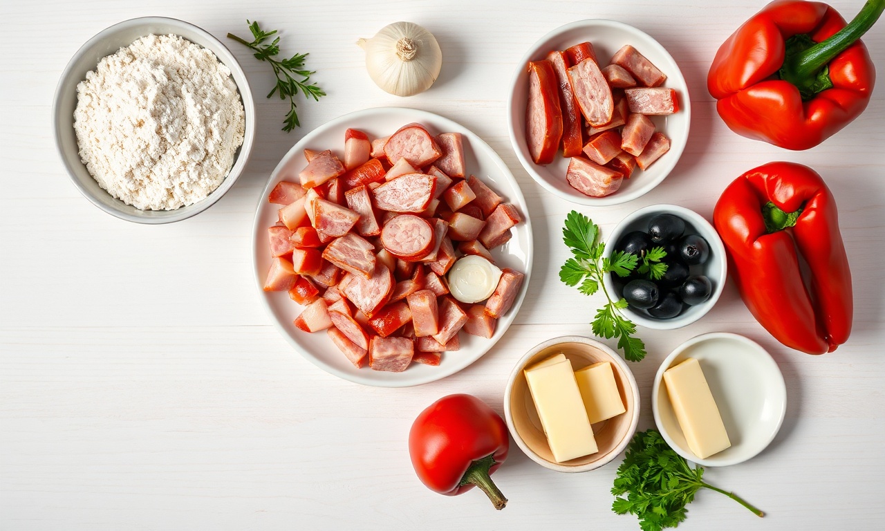Vista de cima dos ingredientes organizados sobre uma superfície de madeira.