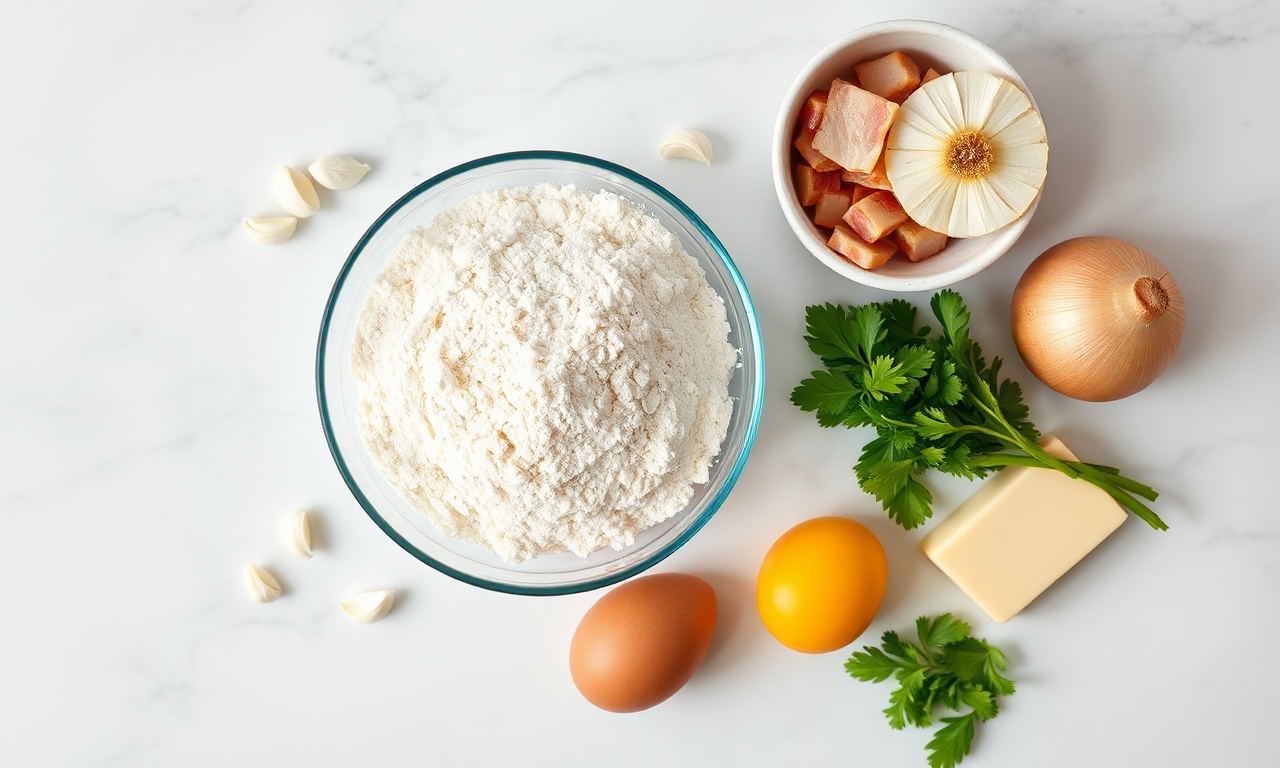 Vista de cima dos ingredientes: farinha de mandioca, bacon, cebola, alho, manteiga, ovo e cheiro-verde.