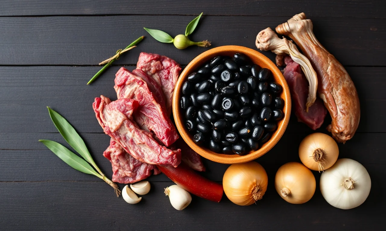 Vista de cima dos ingredientes organizados sobre superfície de madeira