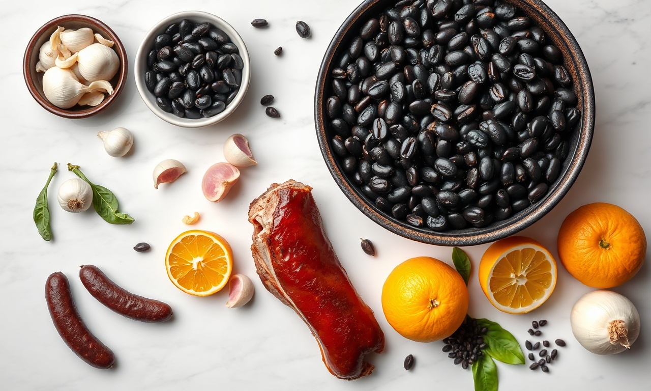 Vista de cima dos principais ingredientes: feijão preto, carnes secas e defumadas, temperos frescos.