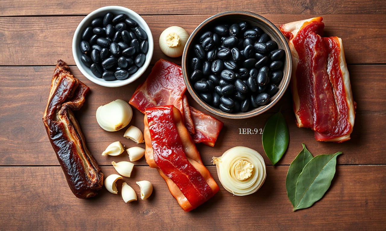 Vista de cima dos ingredientes organizados sobre superfície de madeira rústica.