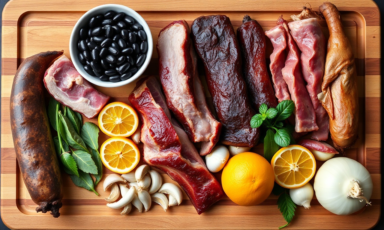Vista de cima dos principais ingredientes para a feijoada, incluindo feijão preto cru e diferentes cortes de carne.