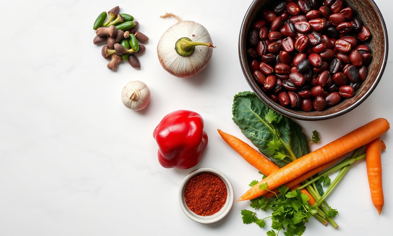 Feijoada Vegetariana Com Cogumelos E Sabor Defumado Incrível 4 Vista de cima dos ingredientes frescos e secos organizados.