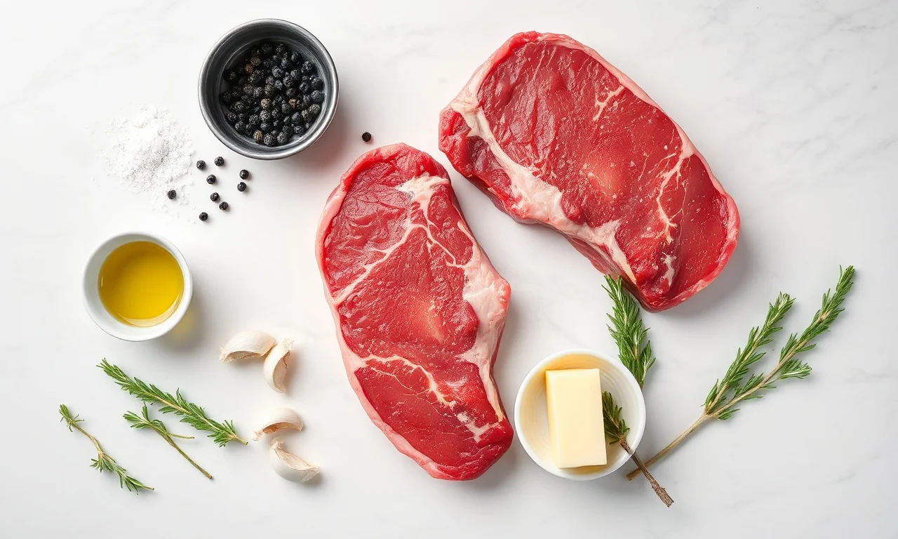 Filé De Costela Na Frigideira: Crosta Perfeita Em 30 Min 4 Vista de cima dos ingredientes organizados sobre superfície de mármore.