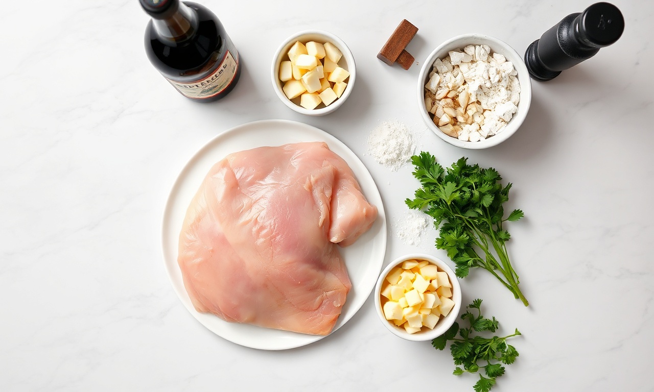 Vista de cima dos ingredientes organizados sobre superfície de mármore.