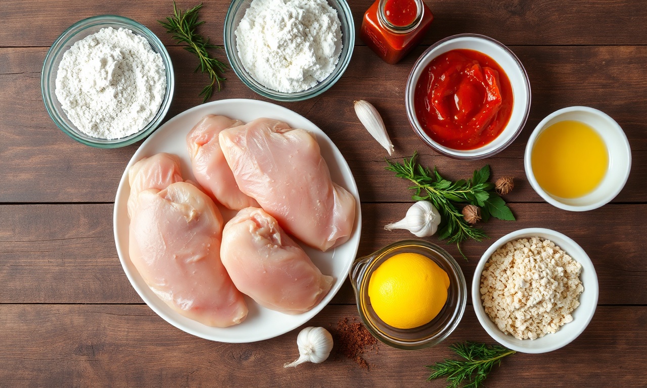Frango À Parmegiana: Receita Crocante E Suculenta De Chef 4 Vista de cima dos ingredientes organizados para o empanamento e molho.