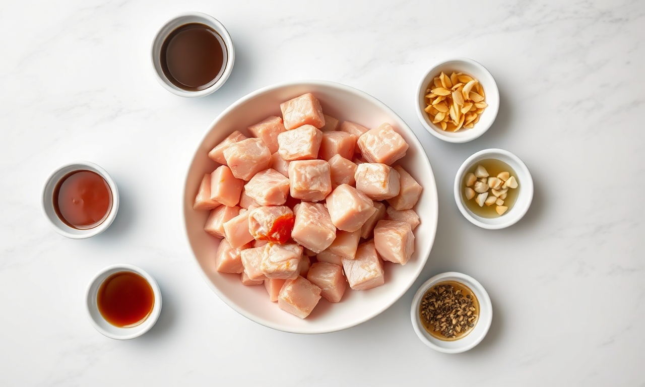 Frango Agridoce Fácil Em 30 Minutos Com Molho Caseiro 4 Vista de cima dos ingredientes organizados sobre superfície de mármore.