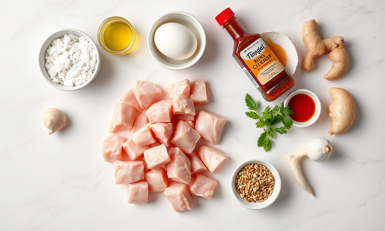 Vista de cima dos ingredientes frescos e secos organizados para a receita.