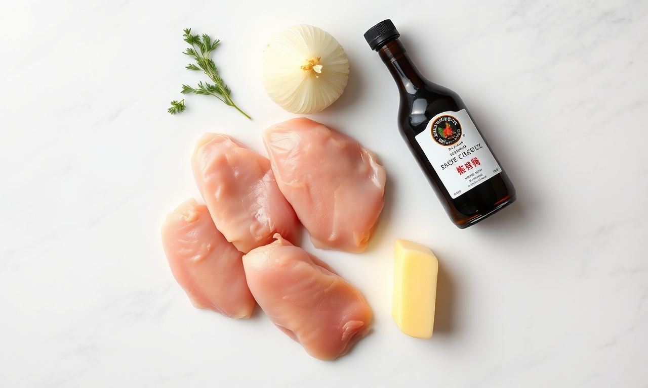 Vista de cima dos ingredientes organizados: filés de frango, cebola, manteiga e shoyu.