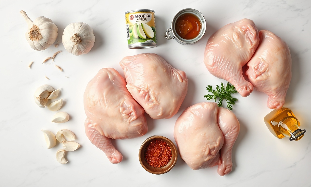 Vista superior dos ingredientes crus: coxas de frango, alho fatiado, cebola, leite evaporado e páprica.