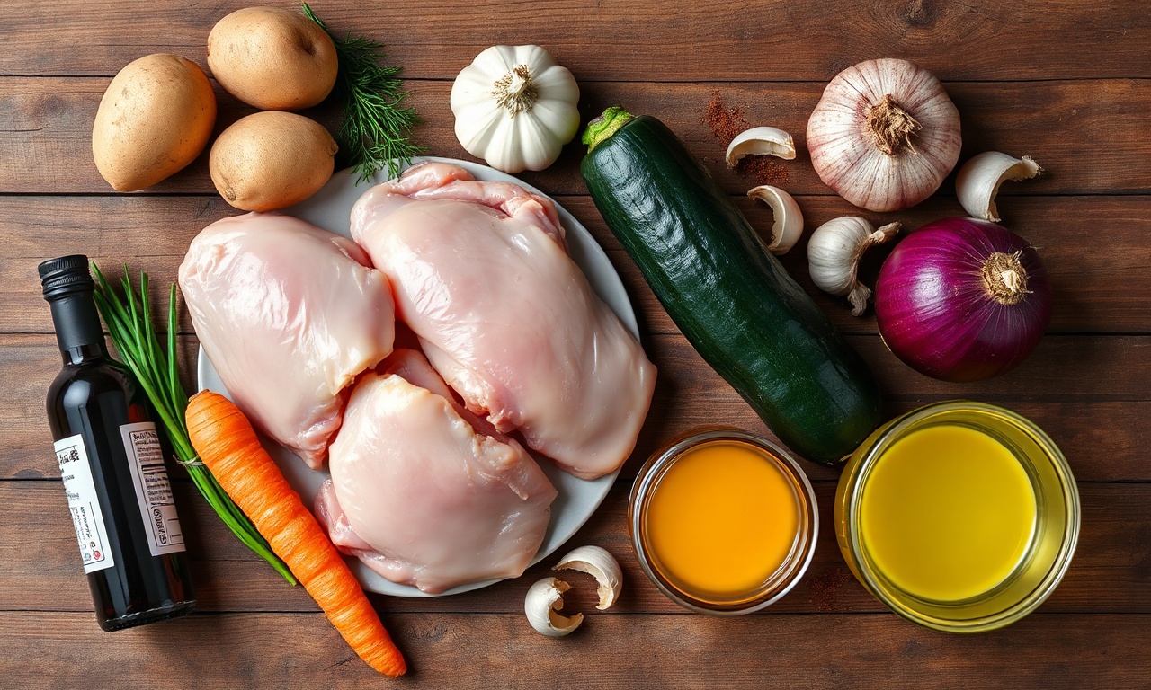Frango Com Legumes Na Airfryer: Prático E Suculento 4 Vista de cima dos ingredientes organizados sobre uma superfície de madeira.