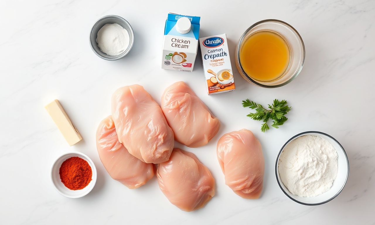Frango Com Páprica Doce Cremoso Em 1 Hora: Molho Aveludado 4 Vista de cima dos ingredientes frescos e secos organizados sobre uma superfície de mármore.