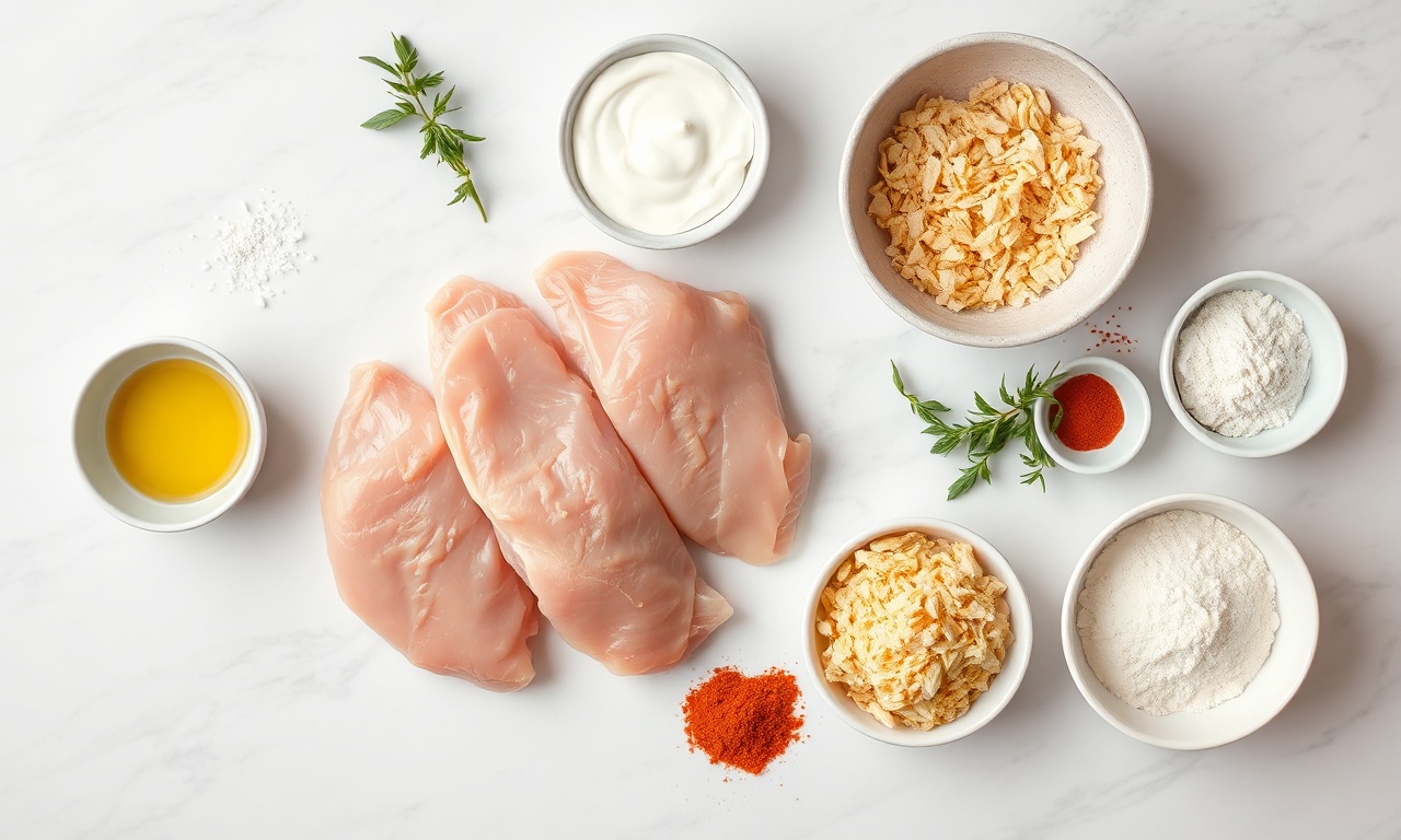 Vista de cima dos ingredientes organizados em superfície de mármore.