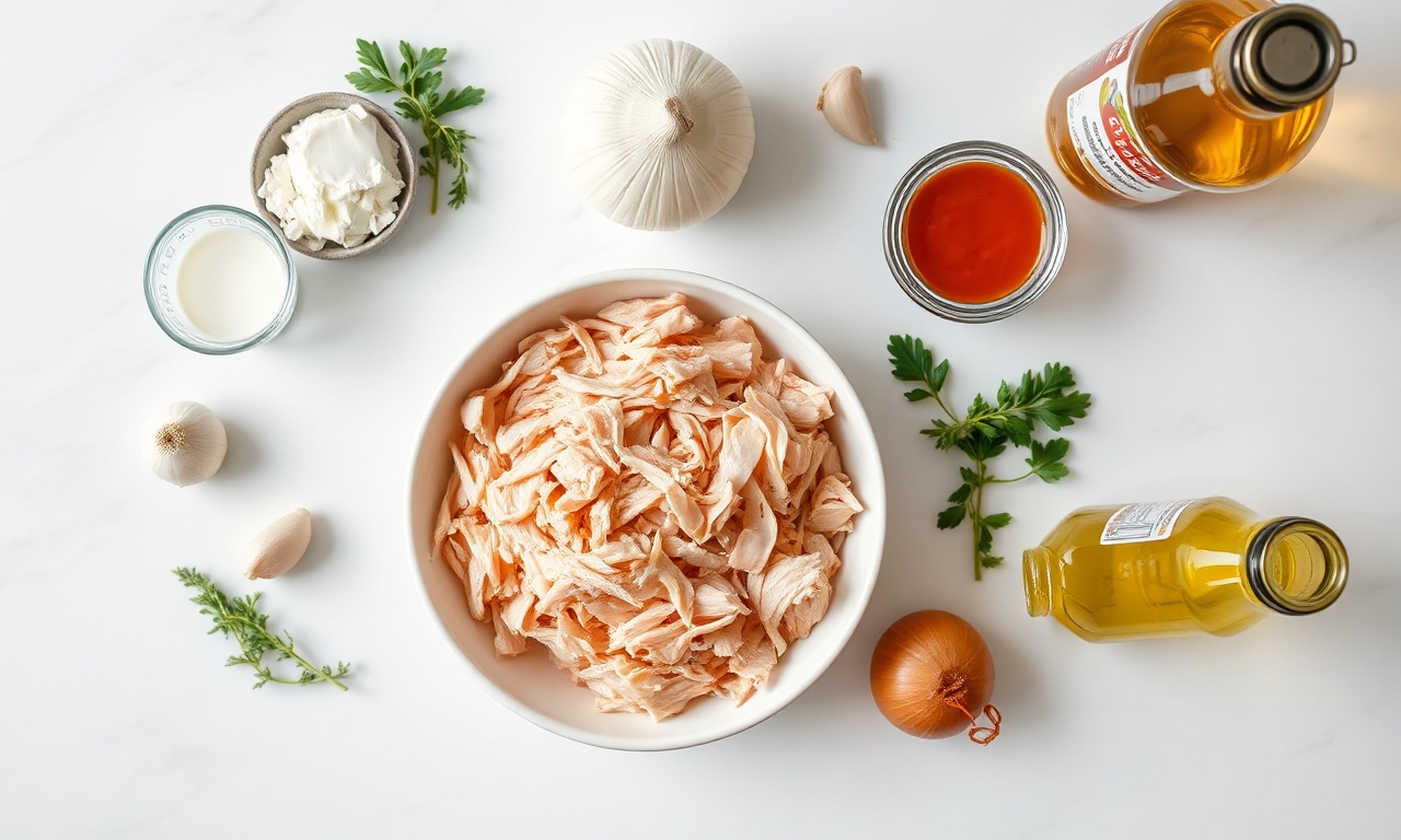 Vista de cima dos ingredientes organizados: frango, requeijão, cebola, alho e temperos.