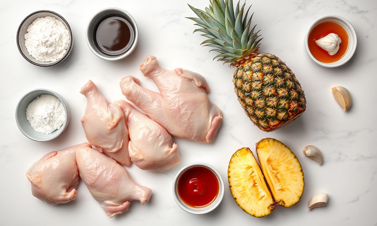 Vista de cima dos ingredientes principais: frango cru, abacaxi fresco, farinhas e temperos.