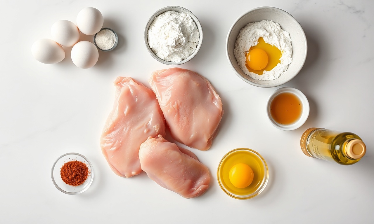 Frango Na Frigideira Perfeito: Crocante Por Fora, Macio Por Dentro 4 Vista de cima dos ingredientes organizados: filés de frango, ovos, farinha, páprica, alho em pó e óleo.