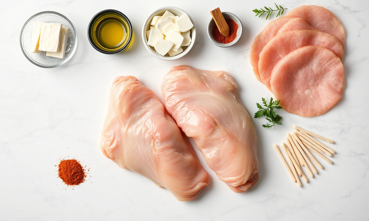 Vista de cima dos ingredientes frescos e temperos organizados sobre uma superfície de mármore.