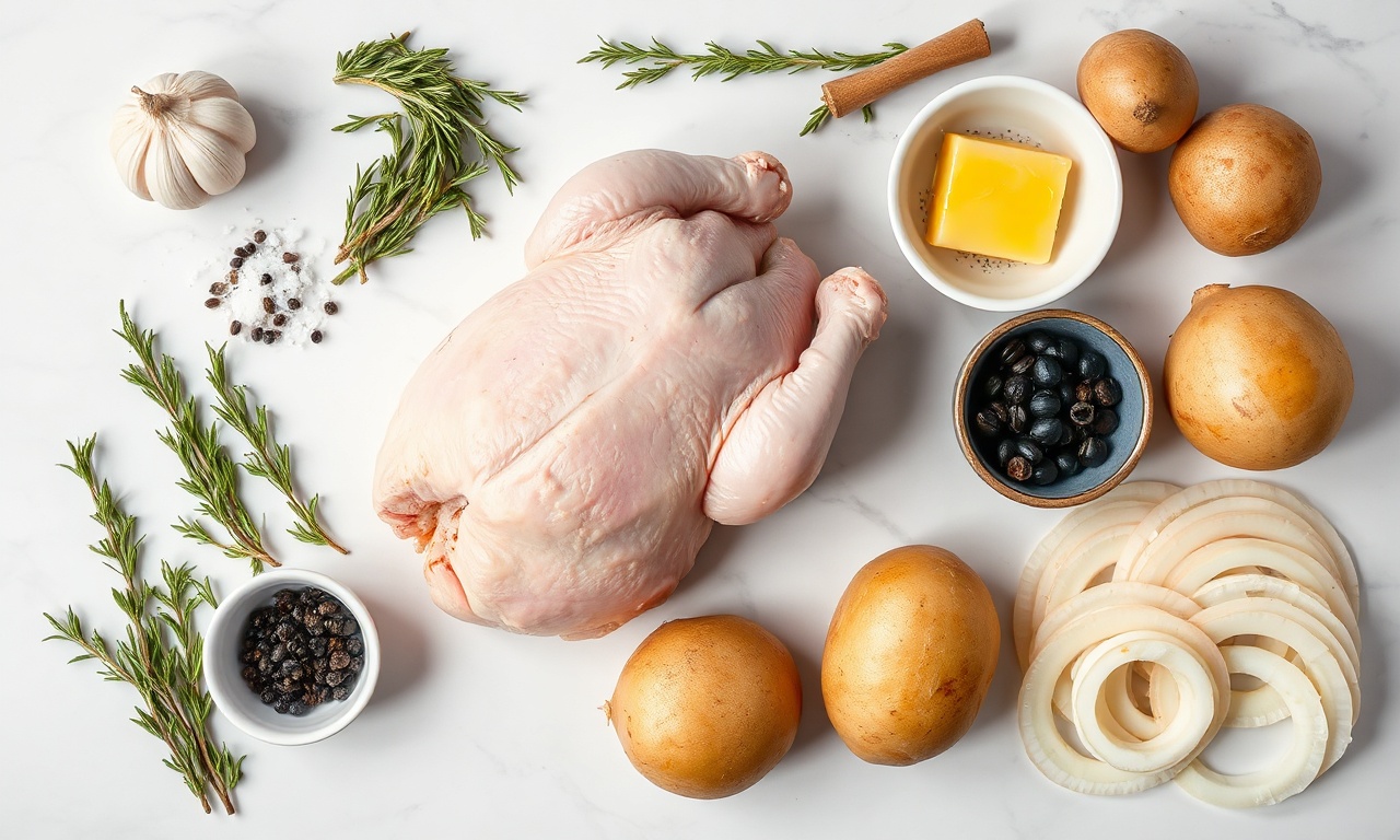 Vista de cima dos ingredientes frescos e temperos organizados sobre uma superfície clara.
