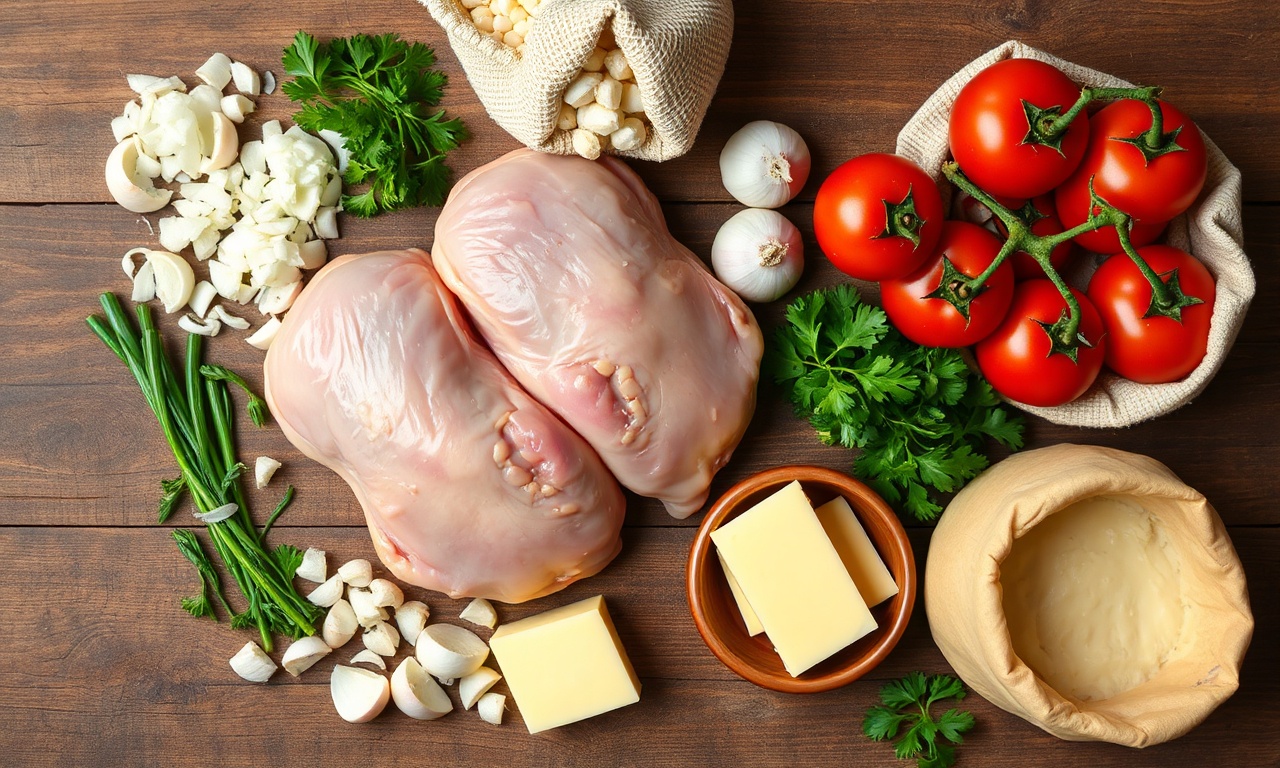 Vista de cima dos ingredientes principais organizados sobre superfície de madeira.
