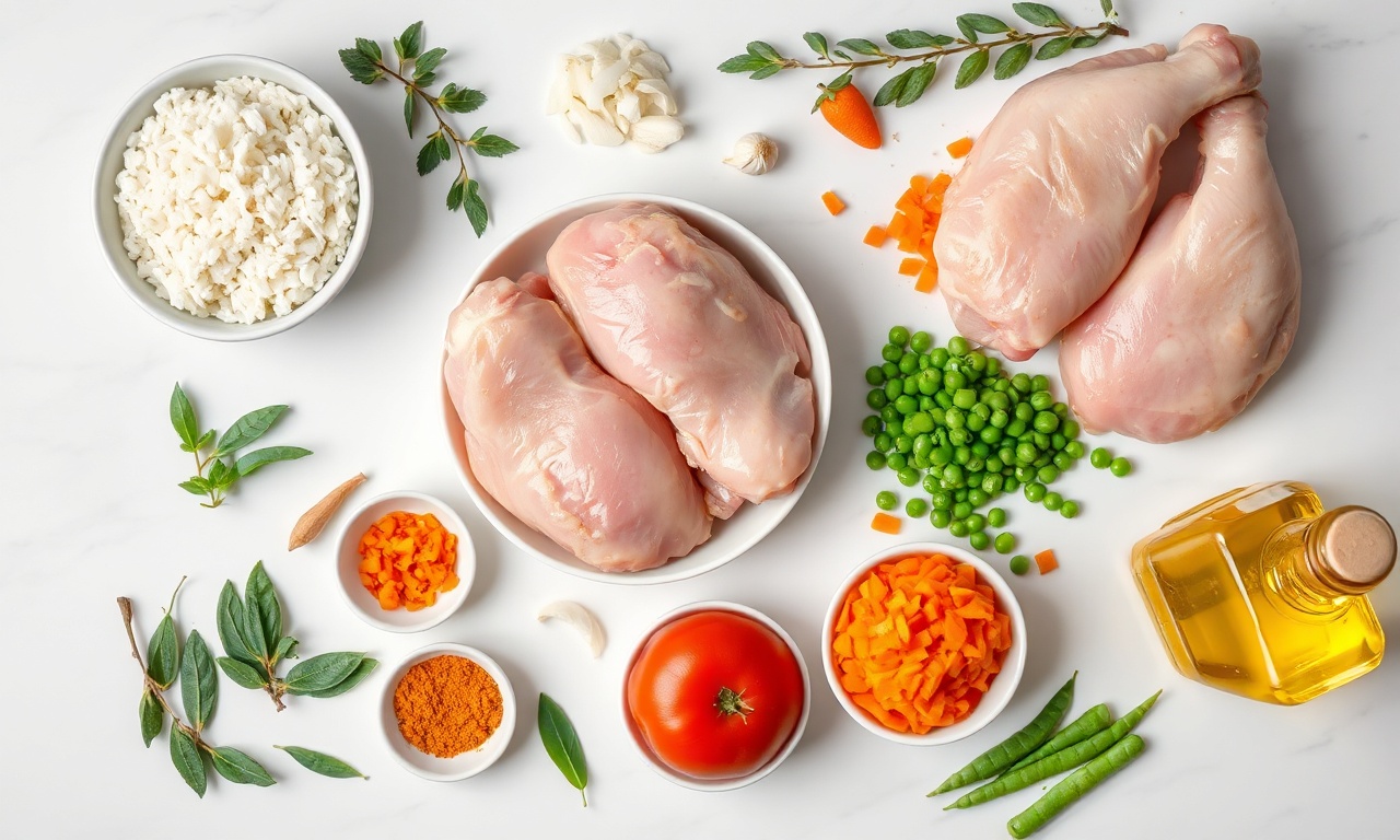 Vista de cima dos ingredientes crus organizados: frango, arroz, cenoura, tomate, cebola, alho e temperos.