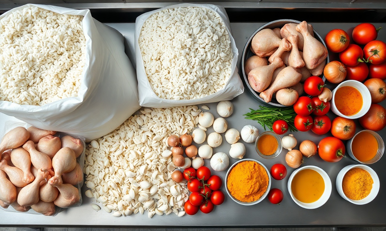 Vista de cima dos ingredientes em escala industrial organizados