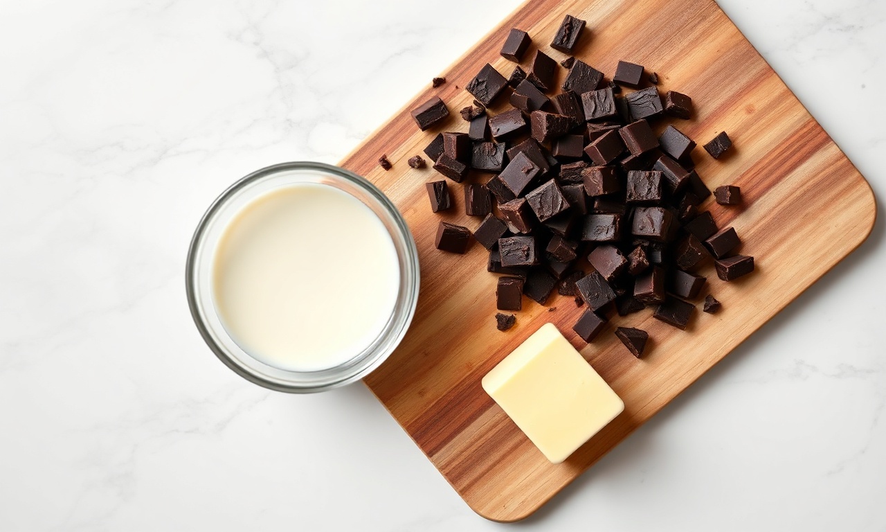 Vista de cima dos 3 ingredientes: chocolate meio amargo, creme de leite e manteiga.
