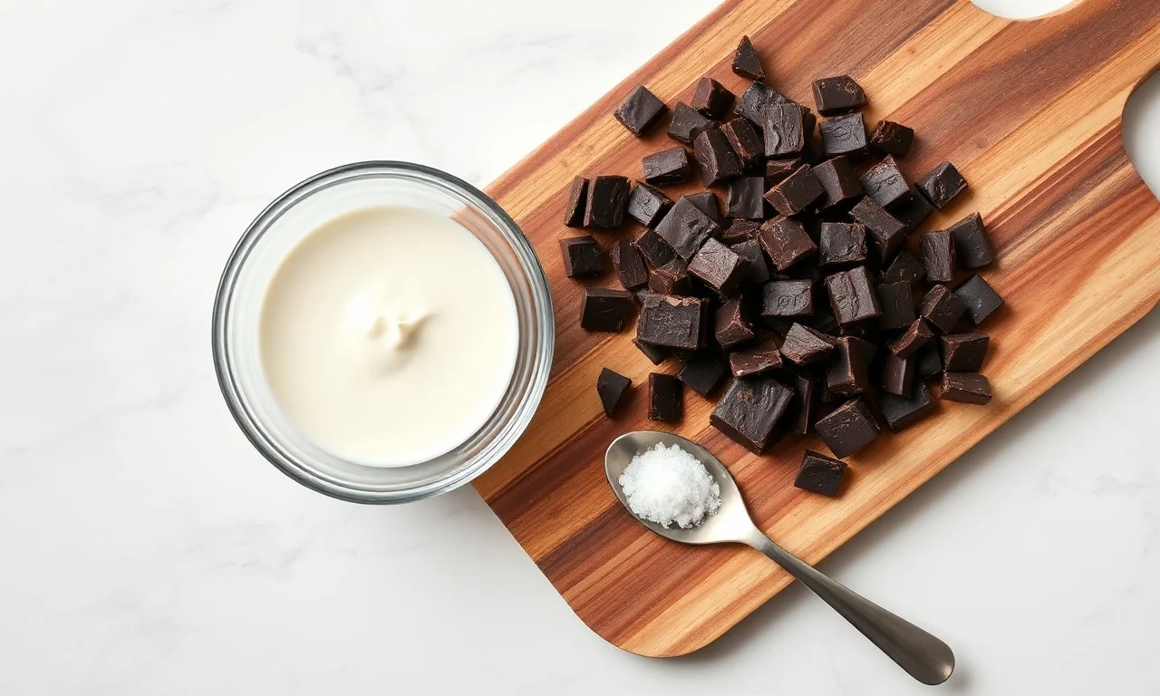 Vista de cima dos ingredientes principais: chocolate meio amargo picado, creme de leite fresco e uma pitada de sal.