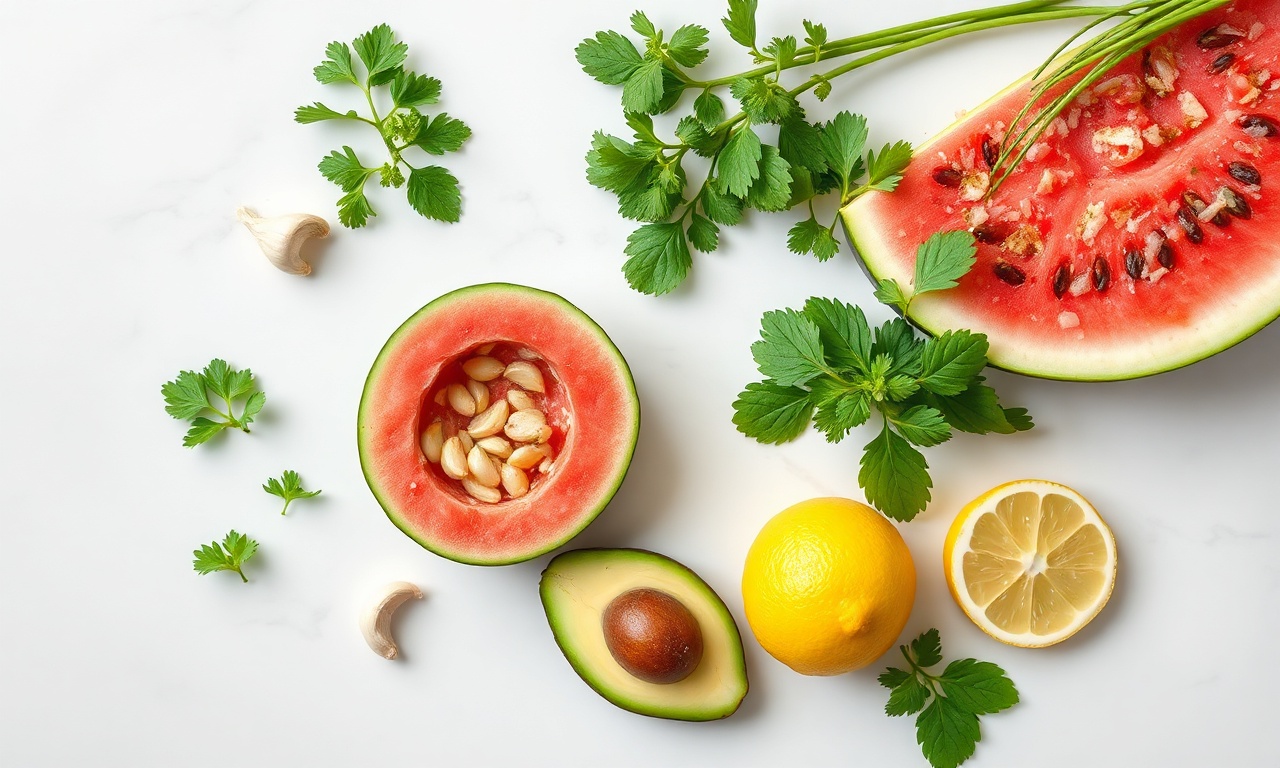 Gaspacho De Casca De Melancia: Refrescante E Sem Desperdício 4 Vista de cima dos ingredientes crus e frescos.