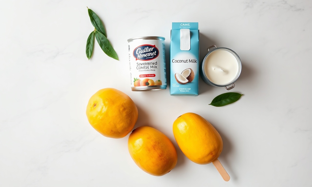 Vista de cima dos ingredientes: mangas, leite condensado, leite de coco e creme de leite.